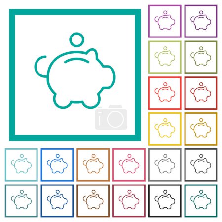 Piggy bank with coin outline flat color icons with quadrant frames on white background
