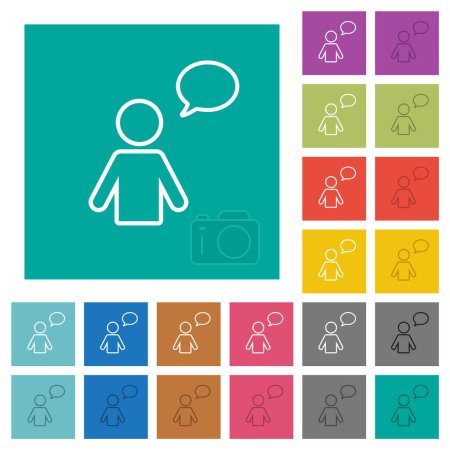 One talking person with oval bubble outline multi colored flat icons on plain square backgrounds. Included white and darker icon variations for hover or active effects.