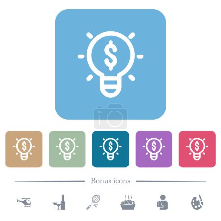 Profitable idea outline white flat icons on color rounded square backgrounds. 6 bonus icons included