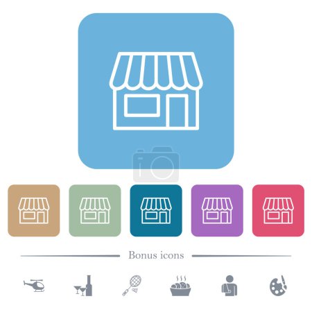 Store front outline white flat icons on color rounded square backgrounds. 6 bonus icons included