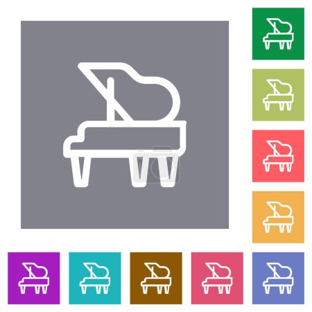 Grand piano outline flat icons on simple color square backgrounds