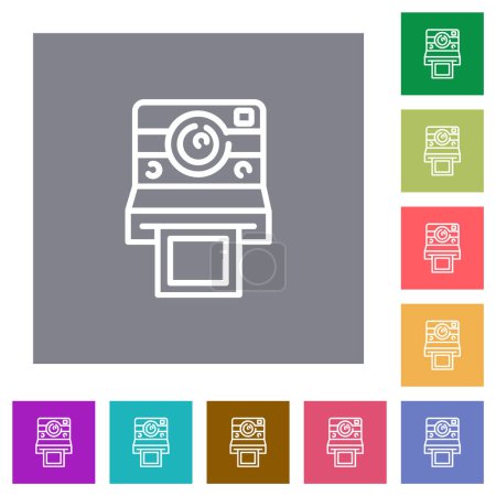 Polaroid camera outline flat icons on simple color square backgrounds