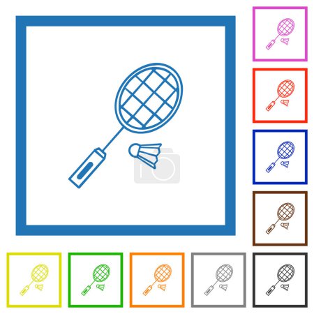 Badminton racket and shuttlecock outline flat color icons in square frames on white background
