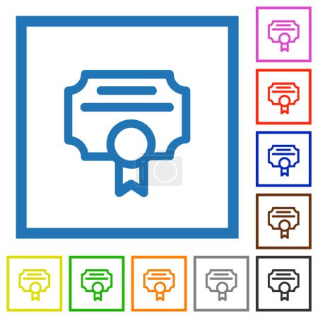 Credential outline flat color icons in square frames on white background