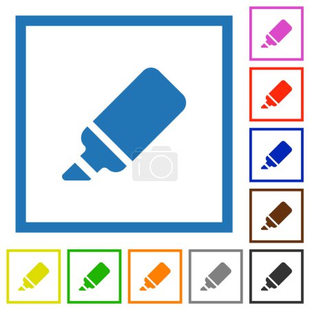 Marqueur de bureau solide icônes de couleur plate dans des cadres carrés sur fond blanc