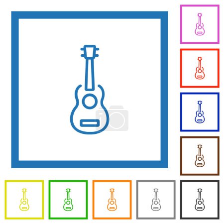 Guitare électrique contour des icônes de couleur plate dans des cadres carrés sur fond blanc