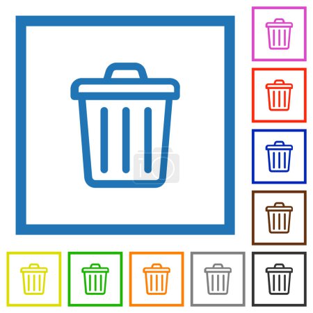 Trash outline flat color icons in square frames on white background