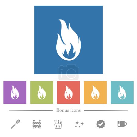 Fire flame flat white icons in square backgrounds. 6 bonus icons included.