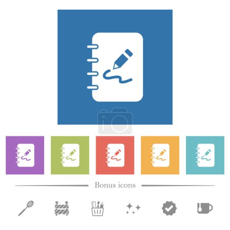 Spiral notepad with drawing solid flat white icons in square backgrounds. 6 bonus icons included.