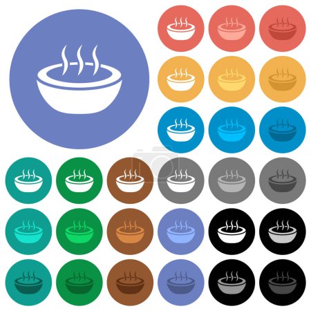 Cuenco de sopa al vapor iconos planos multicolores sobre fondos redondos. Incluye variaciones de iconos blancos, claros y oscuros para efectos de flotación y estado activo, y tonos de bonificación.