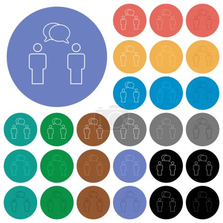 Two talking persons with oval bubbles outline multi colored flat icons on round backgrounds. Included white, light and dark icon variations for hover and active status effects, and bonus shades.
