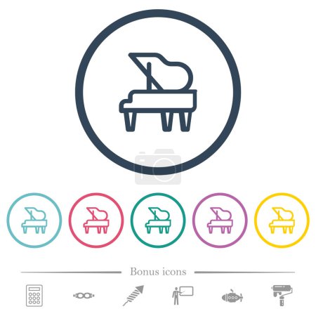 Grand piano outline flat color icons in round outlines. 6 bonus icons included.