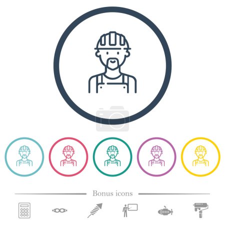 Worker avatar outline flat color icons in round outlines. 6 bonus icons included.