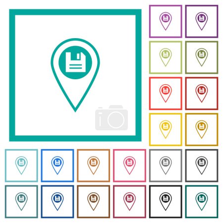 Enregistrer la localisation GPS icônes de couleur plates avec cadres quadrants sur fond blanc