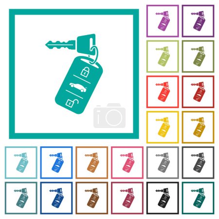 Car key with remote control flat color icons with quadrant frames on white background