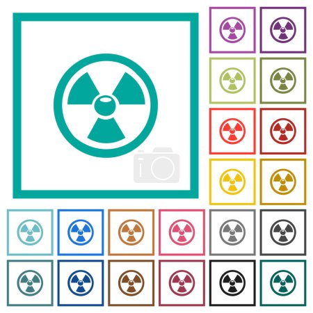 Signo nuclear brillante iconos de color plano con marcos de cuadrante sobre fondo blanco