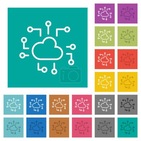 La tecnología Cloud esboza iconos planos multicolores sobre fondos cuadrados lisos. Incluidas variaciones de iconos blancos y más oscuros para efectos de flotación o activos.