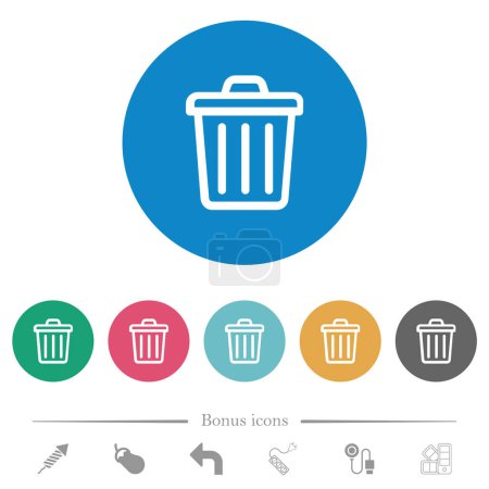 Trash outline flat white icons on round color backgrounds. 6 bonus icons included.