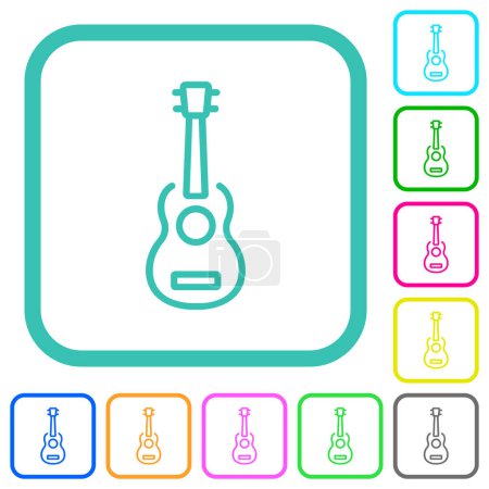 Guitare électrique contour vif icônes plates de couleur dans les bordures incurvées sur fond blanc
