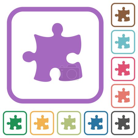 Puzzle piece solid simple icons in color rounded square frames on white background
