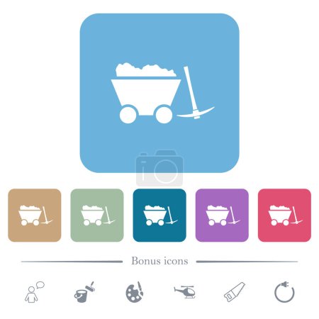Loaded mine cart and pickaxe white flat icons on color rounded square backgrounds. 6 bonus icons included