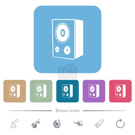 Speaker white flat icons on color rounded square backgrounds. 6 bonus icons included