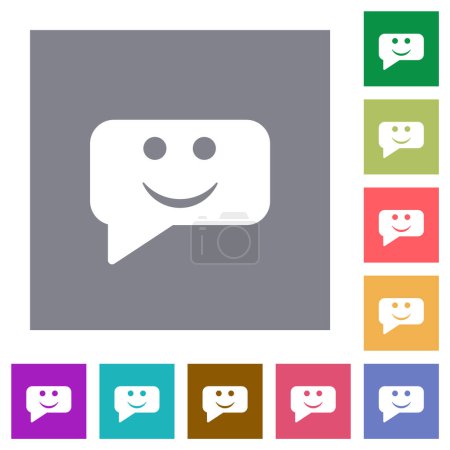 Ilustración de Rounded square smiling chat bubble solid flat icons on simple color square backgrounds - Imagen libre de derechos