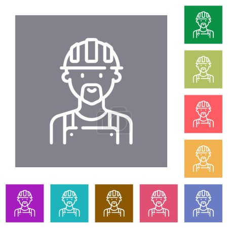 Worker avatar outline flat icons on simple color square backgrounds