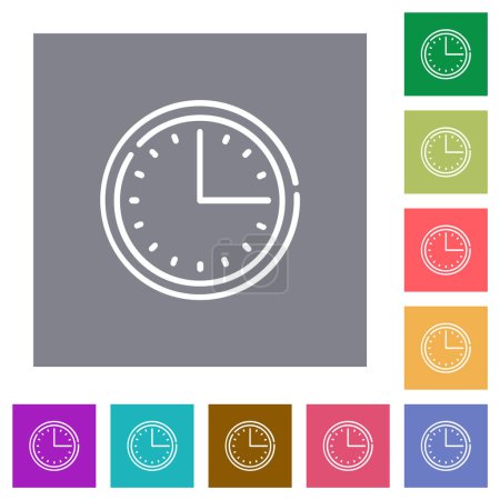Wall clock outline flat icons on simple color square backgrounds