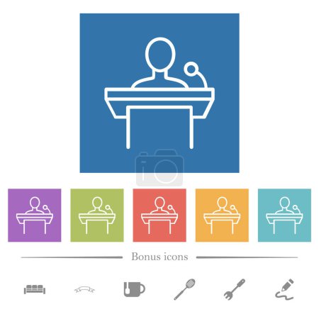 Public speaking outline flat white icons in square backgrounds. 6 bonus icons included.