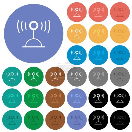 Radio transmitter outline multi colored flat icons on round backgrounds. Included white, light and dark icon variations for hover and active status effects, and bonus shades.