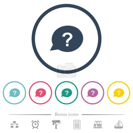 Oval help chat bubble solid flat color icons in round outlines. 6 bonus icons included.