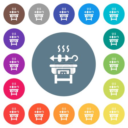 Garden grill flat white icons on round color backgrounds. 17 background color variations are included.