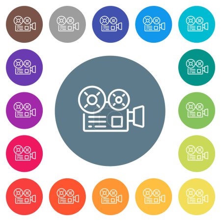Cámara de cine esbozar iconos blancos planos en fondos de color redondo. 17 variaciones de color de fondo se incluyen.