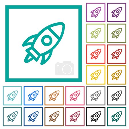 Gestartete Rakete umreißt flache Farbsymbole mit Quadrantenrahmen auf weißem Hintergrund