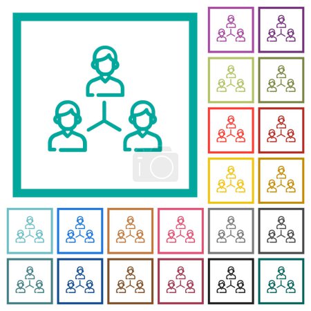Réseautage groupe d'affaires contour des icônes de couleur plate avec cadres quadrant sur fond blanc