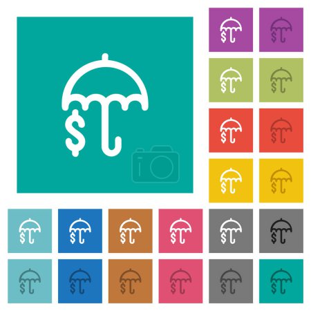Esquema de protección financiera iconos planos multicolores sobre fondos cuadrados lisos. Incluidas variaciones de iconos blancos y más oscuros para efectos de flotación o activos.