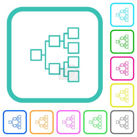 Organizational chart right outline vivid colored flat icons in curved borders on white background