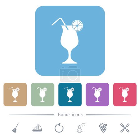 Cocktail with lemon and straw white flat icons on color rounded square backgrounds. 6 bonus icons included