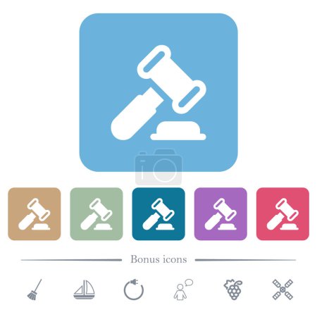 Gavel solid white flat icons on color rounded square backgrounds. 6 bonus icons included