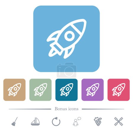 Gestartete Rakete umreißt weiße flache Symbole auf farbig abgerundeten quadratischen Hintergründen. 6 Bonussymbole enthalten