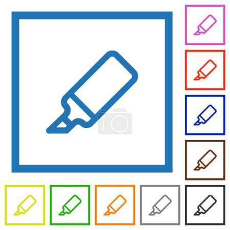 Office marker outline flat color icons in square frames on white background