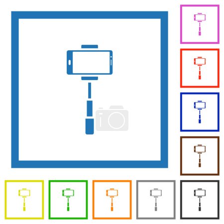 Smartphone en selfie stick vista frontal iconos de color plano en marcos cuadrados sobre fondo blanco