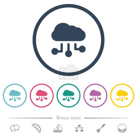 Cloud connections solid flat color icons in round outlines. 6 bonus icons included.