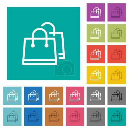 Two shopping bags outline multi colored flat icons on plain square backgrounds. Included white and darker icon variations for hover or active effects.