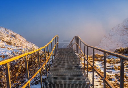 Téléchargez les photos : Escaliers au sommet de la montagne avec brouillard. Ceahlau, Roumanie - en image libre de droit