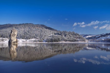 Téléchargez les photos : Roche dans l'eau. Piatra Teiului calcaire dans le lac Bicaz, Roumanie - en image libre de droit
