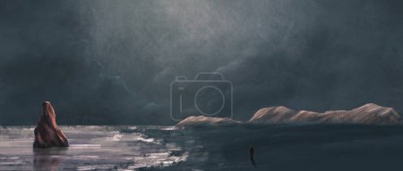 Téléchargez les photos : Homme en veste et pantalon marchant sur la plage, bord de mer près de la mer avec roche, montagne lointaine et ciel nuageux. Illustration numérique d'humeur sombre - en image libre de droit