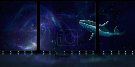 Téléchargez les photos : Magicien debout sur la chambre avec des poissons baleines volantes et nébuleuse fractale colorée. Dreamlike, fond de peinture fantaisie, rendu 3D - en image libre de droit
