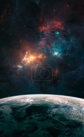 Space background. Colorful blue and red nebula with planet and star field. Digital painting, Elements furnished by NASA. 3D rendering